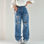 شلوار جین بگ زانو زاپ کد 101352