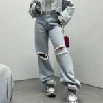 شلوار جین بگ زانو زاپ کد 101160