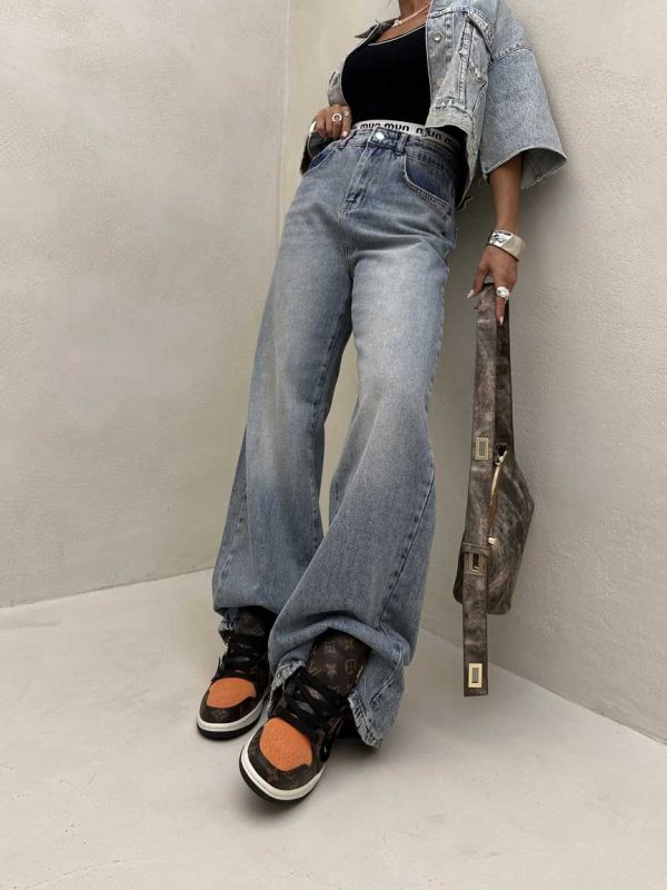 شلوار جین نیم بگ ساده کد 101463