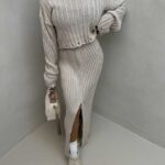 ست بافت بلوز و دامن چاکدار کد 160594